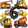 Cartoon Construction Vehicle Balloon Set: Forklift, Cement Mixer & Excavator for Kids' Birthday Decorations