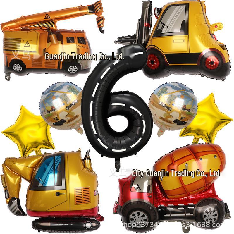 Cartoon Construction Vehicle Balloon Set: Forklift, Cement Mixer & Excavator for Kids' Birthday Decorations