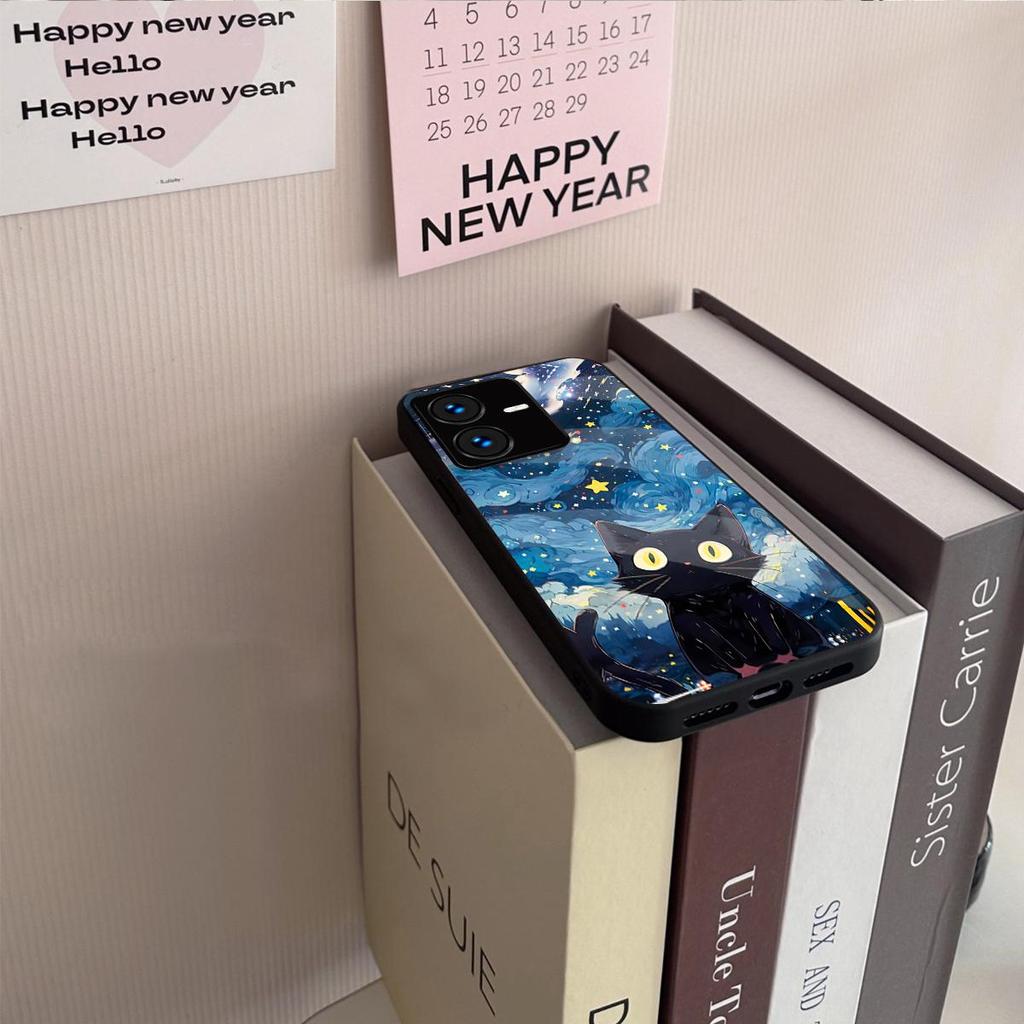Case for Vivo Y22s Y22 Anime Black Cat Starry Cloud Print Phone Cover Acrylic Hard Back Shell With Flexible TPU Edge