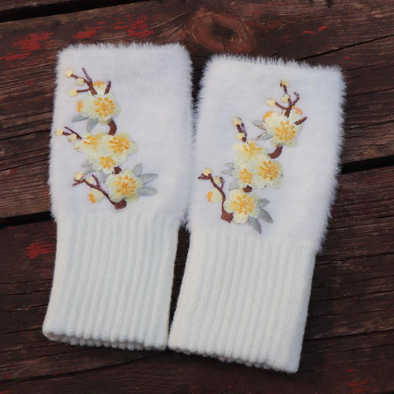 Embroidered Ethnic Style Half-Finger Warm Gloves for Autumn & Winter