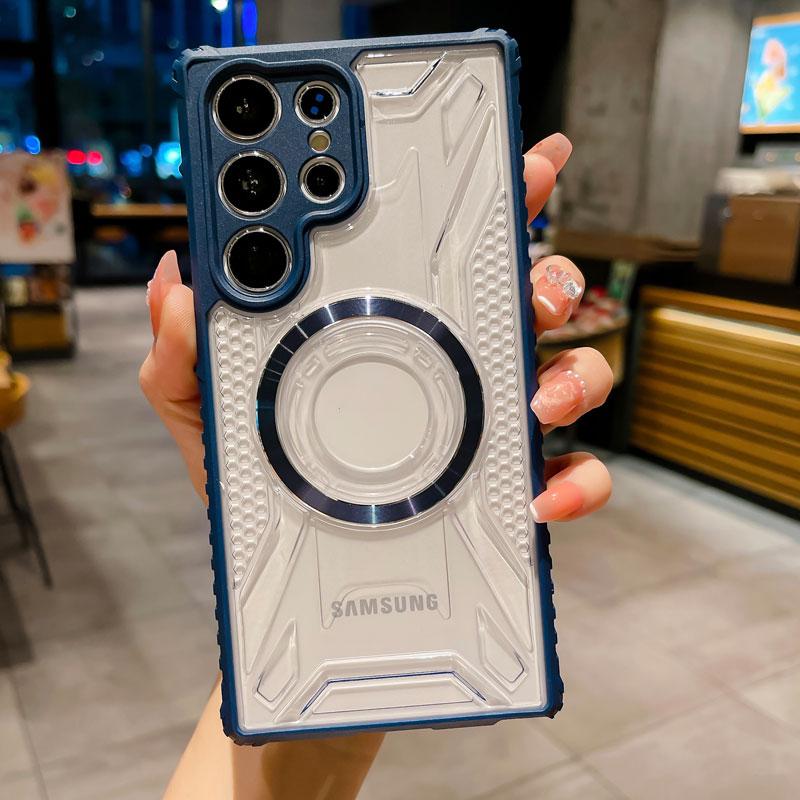

Броня противоударный чехол для телефона Magsafe для Samsung S24 Ultra S23 Plus FE S20 S21 A15 A25 A35 A55 A14 A34 A54 Прозрачная подушка безопасности Задняя крышка с беспроводной зарядкой for Samsung S23 Ultra синий