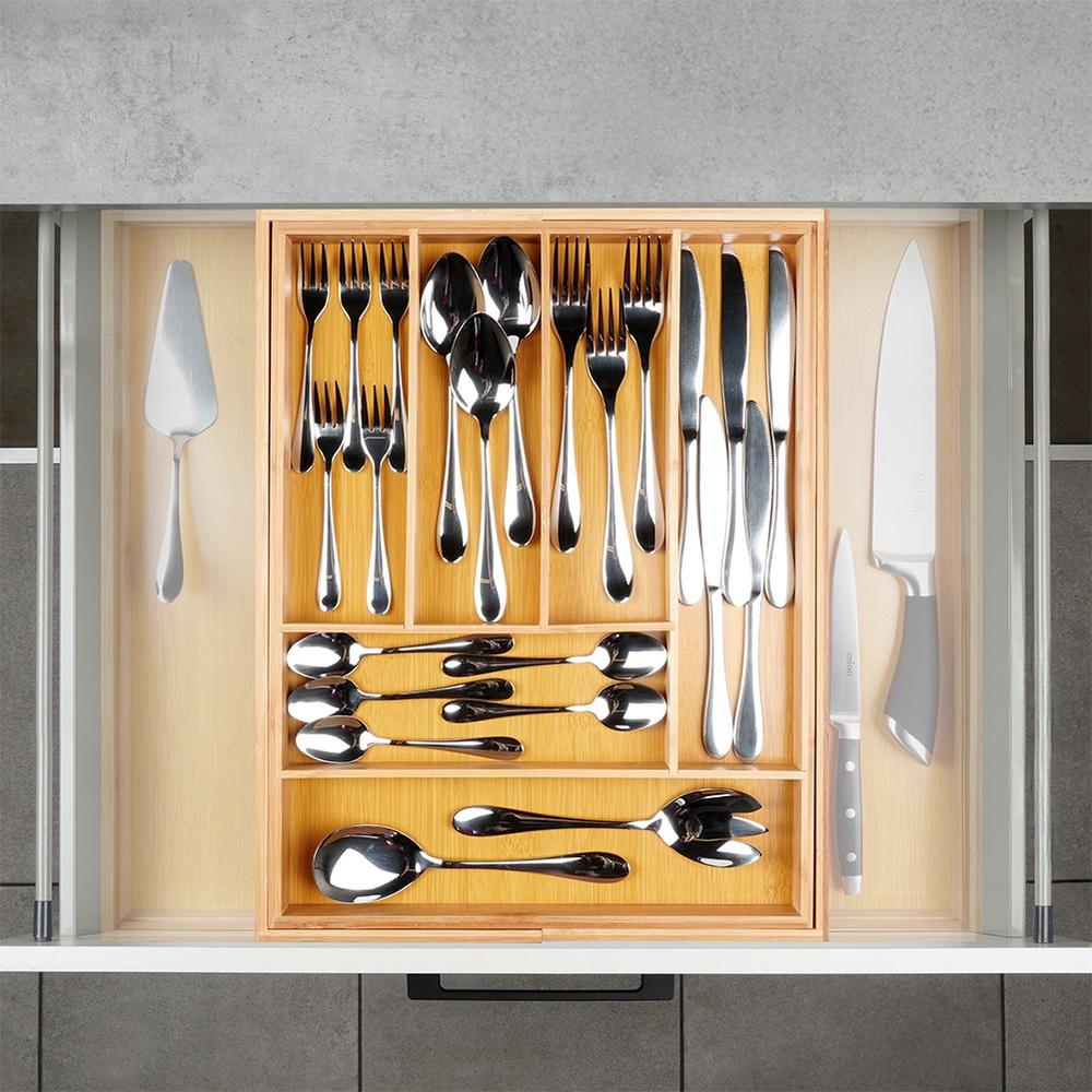 Bamboo Insert for Cutlery, Drawer Utensils, Extendable, Adjustable XXL