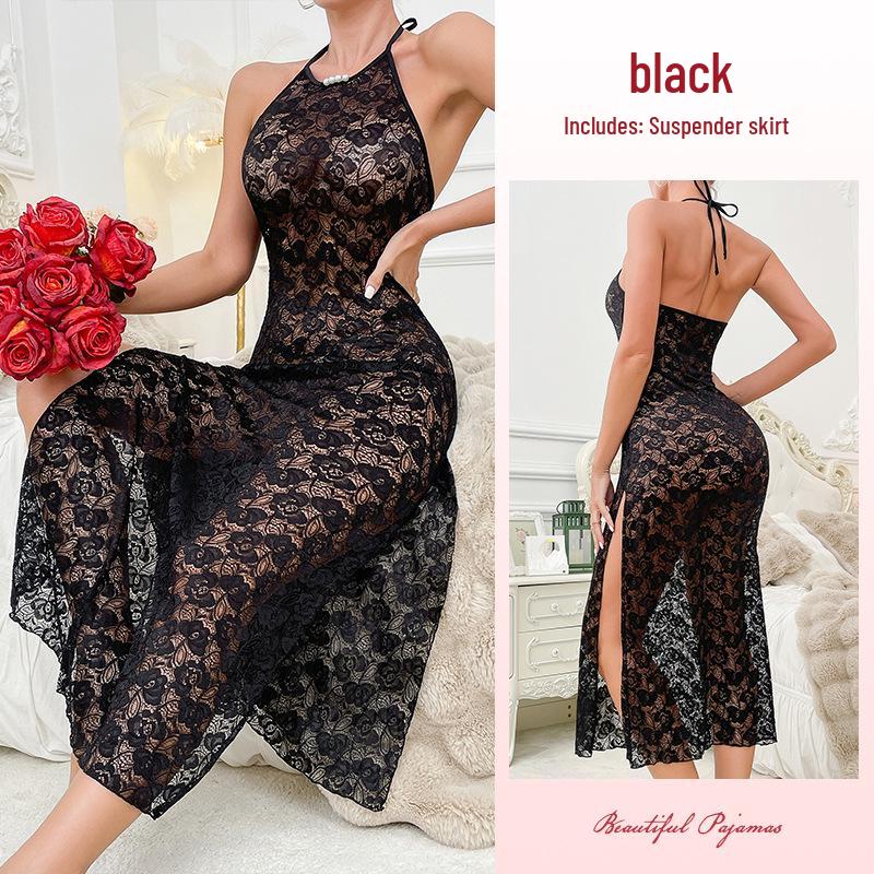 Elegant Black Floral Lace Halter Evening Gown with High Slit Large чёрный