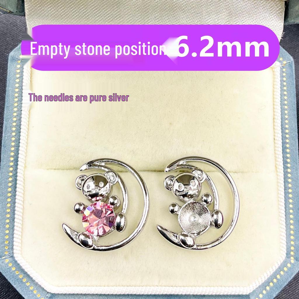 Crescent Moon Bear Earrings: Sterling Silver with 6.2mm CZ Stone