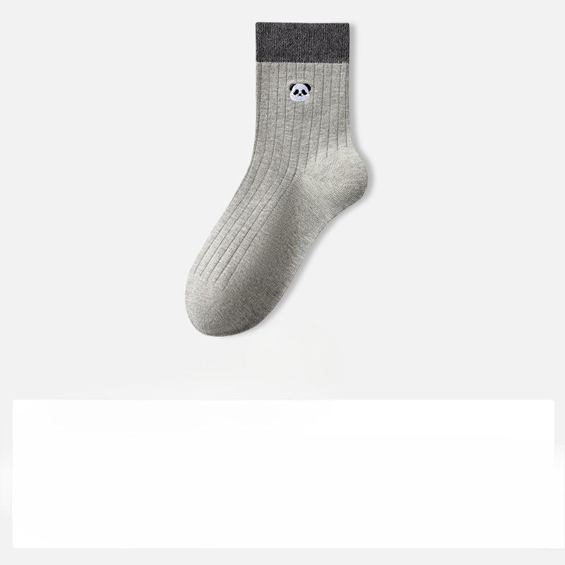 Sock Pure Cotton Mid-Calf Socks Anti-Bacterial Anti-Turning Balls Cute Embroidered Panda Autumn-Winter