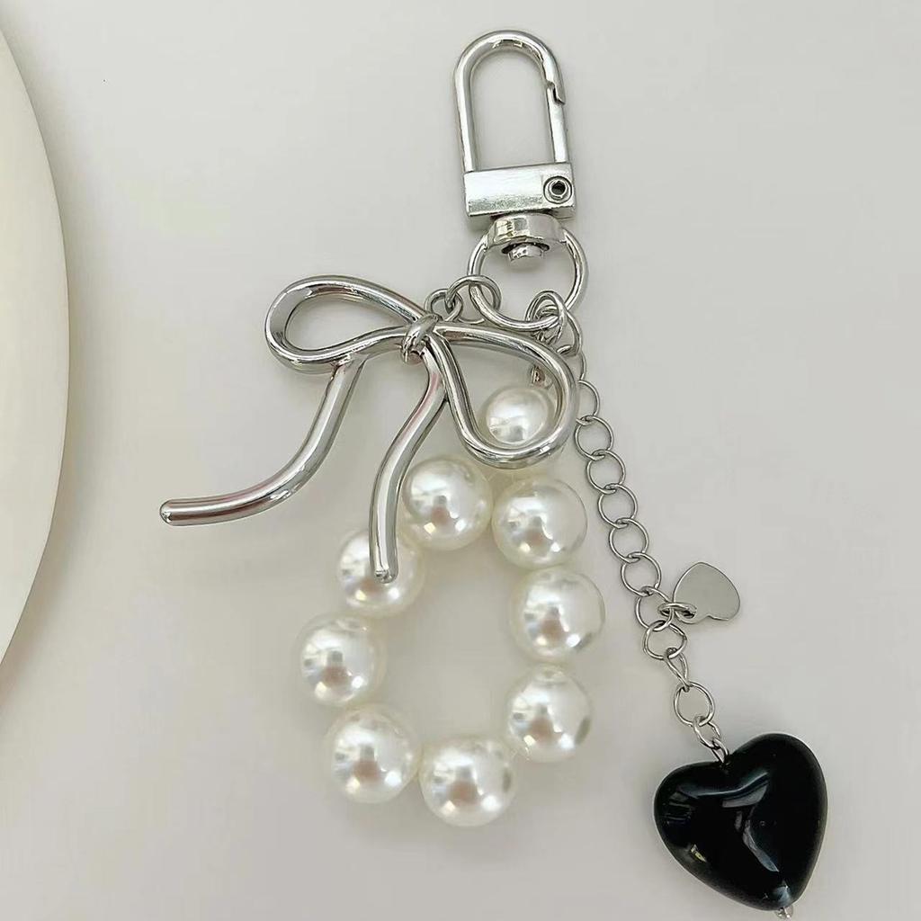 Sweet Bowknot Heart Pearls Keychain Pendant Lovely Hangings Decorations Keyring Charm for Purse Bag Backpack Handbag