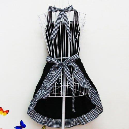 (Four Seasons) Frill Ribbon Apron with Holder Neck (Black x Black, One Size Fits All)