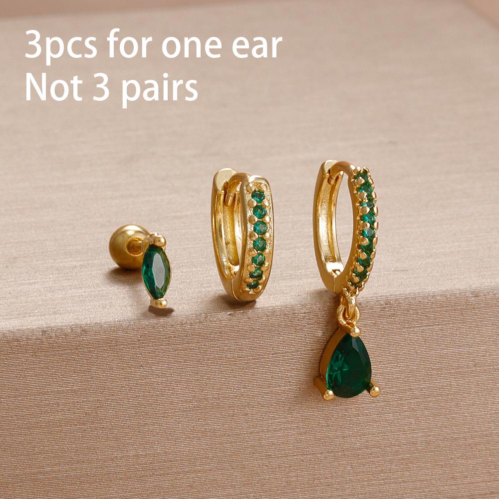 3PCS Simple Fashion Blue Flower Drop Earrings Set For Women Girl 18K Gold-Plated Zirconia Star Sun Stud Earring Piercing Jewelry