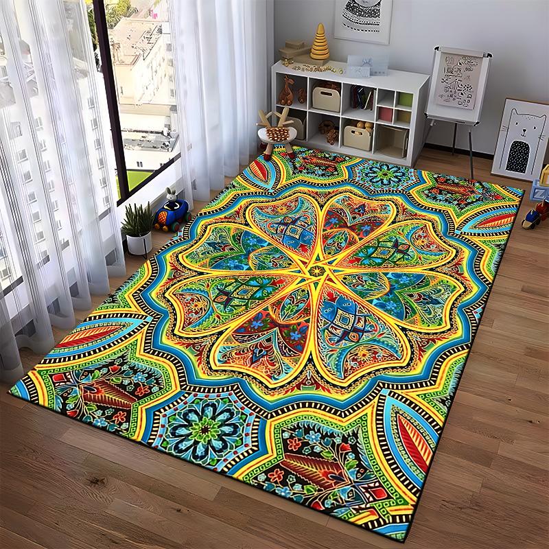 Colorful Mandala Pattern Carpet with Geometric Floral Design, Large Rug Suitable for Use As an Anti-slip for Living Room Bedroom Sofas