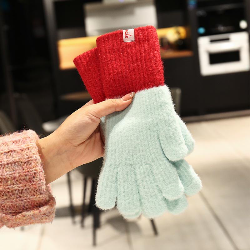 Blue knitted plush gloves for women's winter 2025 new plush warm riding thickened and cold-proof