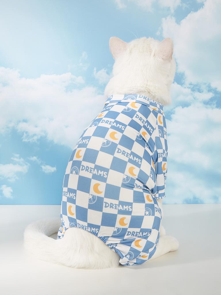Pet Clothes Checkered Pajamas for Small Dogs Cats, Soft Comfortable Four - Legged Jumpsuit, Cute Moon & "DREAMS" Print Outfit