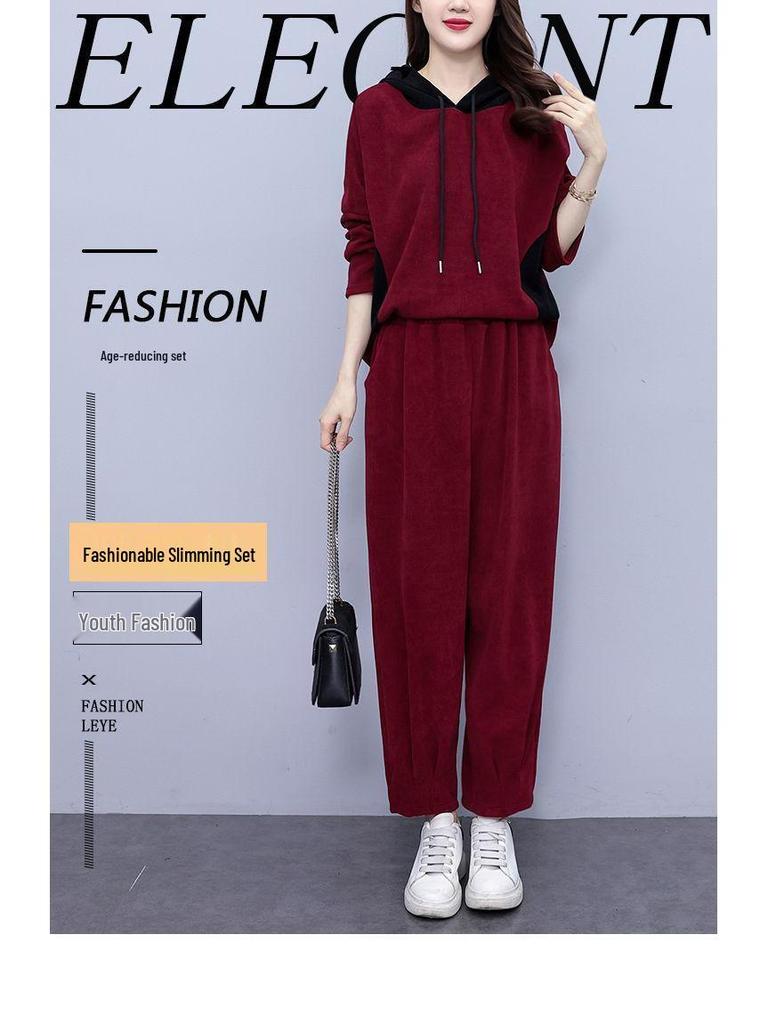 Autumn Plus Size Hooded Corduroy Fashion Set - Slimming Two-Piece for Casual Wear