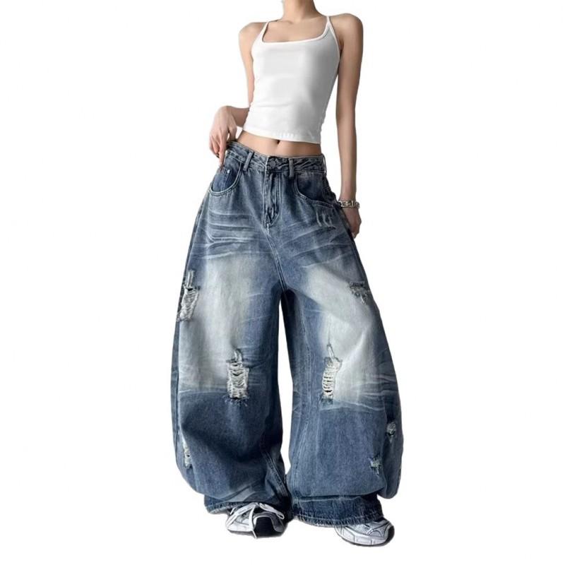 High-Waisted Wide Leg Distressed Denim Pants Women - Loose Fit Streetwear Jeans 2026