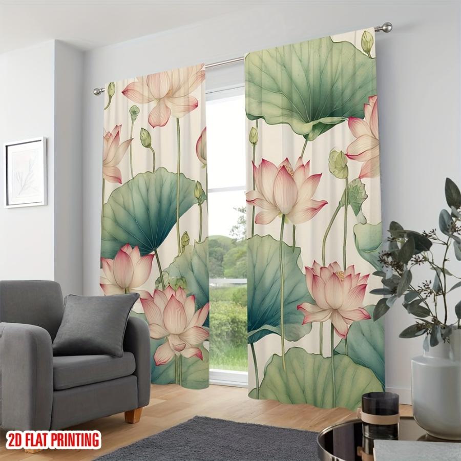 2PCS Digital Printed Curtains, Lotus Wind Clear Charm Pattern, Beautiful Window Drapes for Living Room Bedroom Home Decor