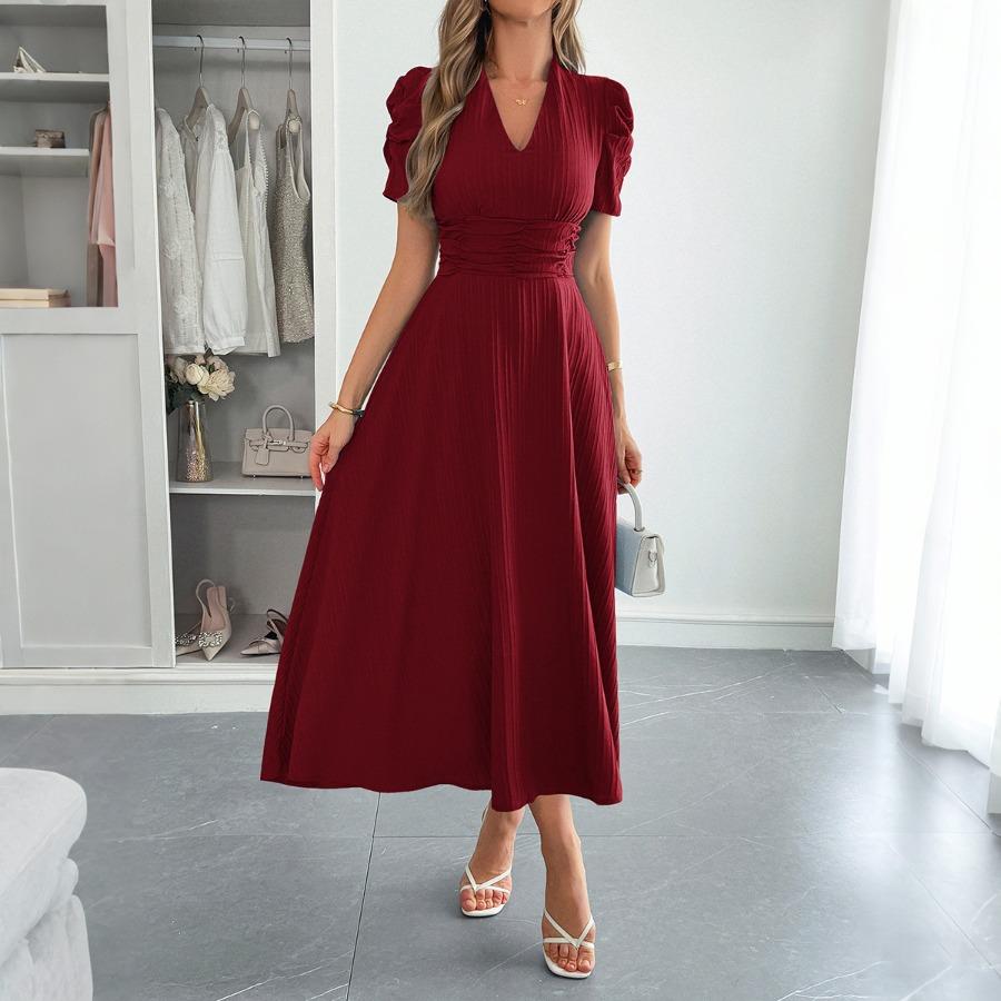 European and American Elegant Vacation Style Puffed-sleeve Cinched-waist Long Dress Women's Wear 2025