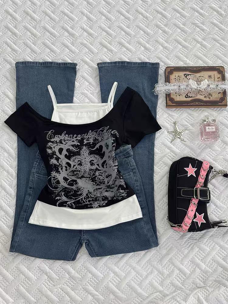 Y2K Millennial Spicy Girl Amerikanisches Retro Off-Shoulder Bedrucktes T-Shirt - Damen Sommer Kurzarm Top
