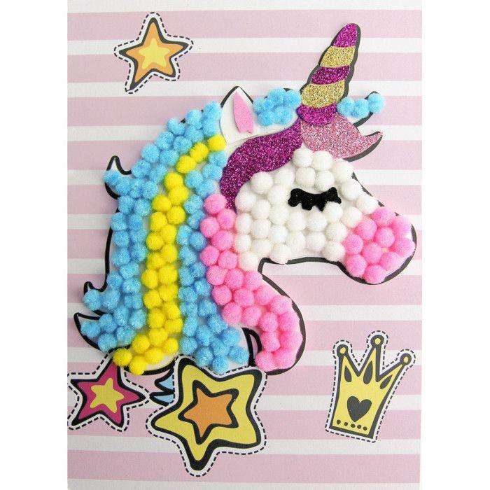 Creative Kit - Unicorn - 15 X 21 Cm - Multicolored Pom-poms - Playful Activity - For Children from 3 Years Old