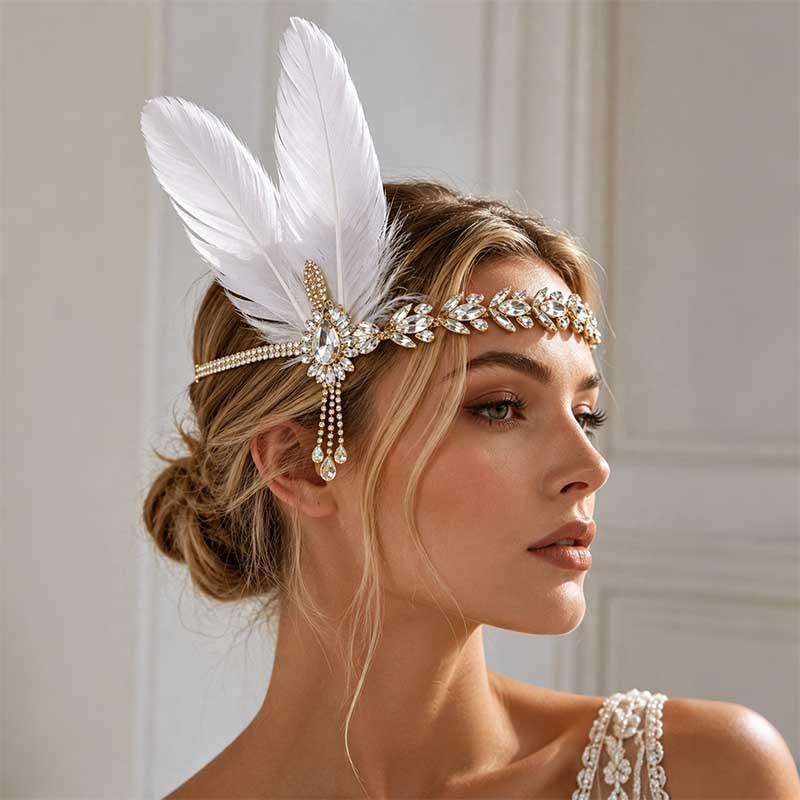 Vintage čelenka s peřím Sequin Fascinator Maškarní pás do vlasů Elegantní doplňky do vlasů ve stylu 20. let as the picture white