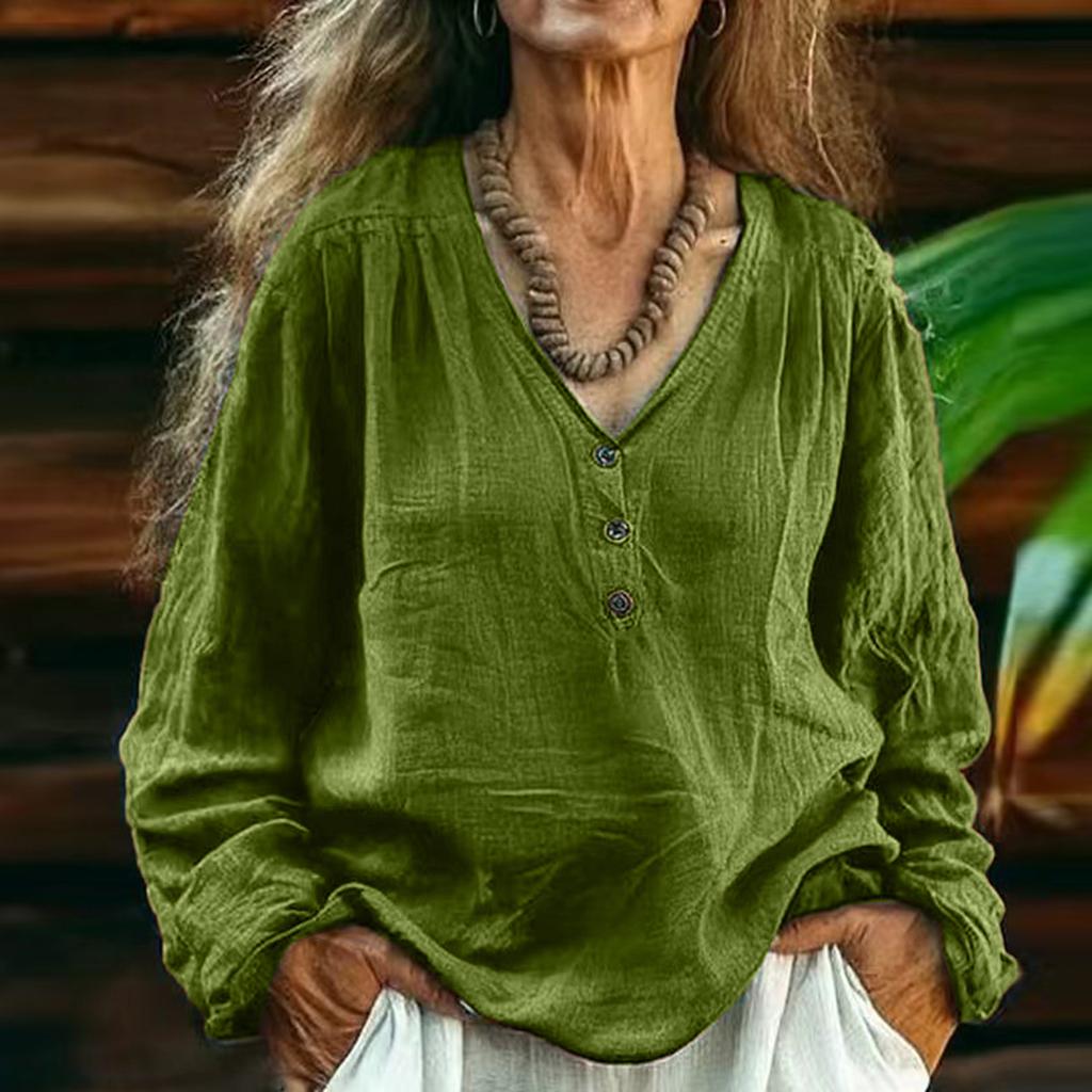 Damen Farbe Lässig V-Ausschnitt Langarm Pullover Baumwolle Leinen Oberteil
