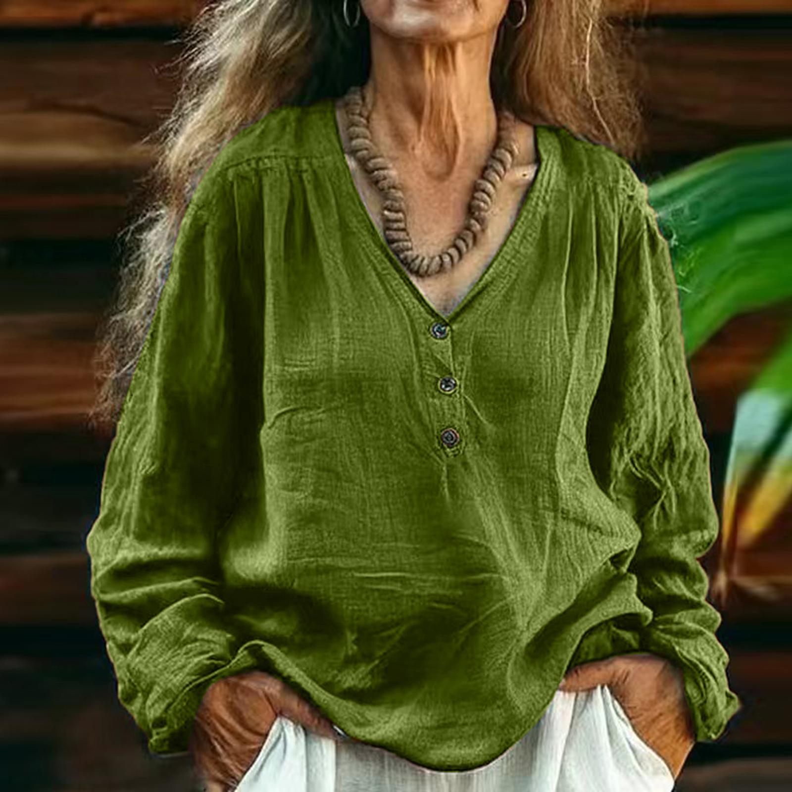 

Women s Color Casual V-neck Long Sleeved Pullover Cotton And Linen Top XL зелений