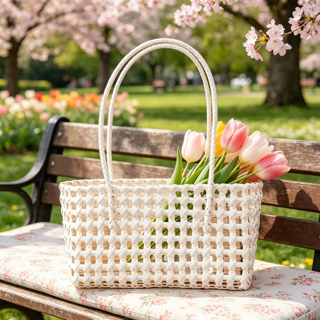 Solid Color Weave Tote Bag with Handle Summer Shoulder Bag Simple Woven Shoulder Bag for Outdoor Fruit Picking Flower Arranging