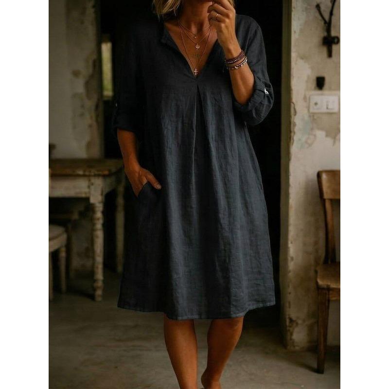 QICED Fashion Summer Spring Solid Color Print  Short Sleeve V-Neck Casual Dresses