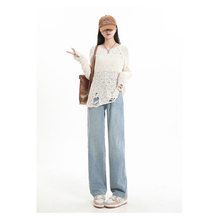 

Джинсы узкие, повседневные, широкие, универсальные, с высокой талией, до пола, прикрывающие мясо, свободные, прямые брюки в стиле ретро, светло-голубые 2XL