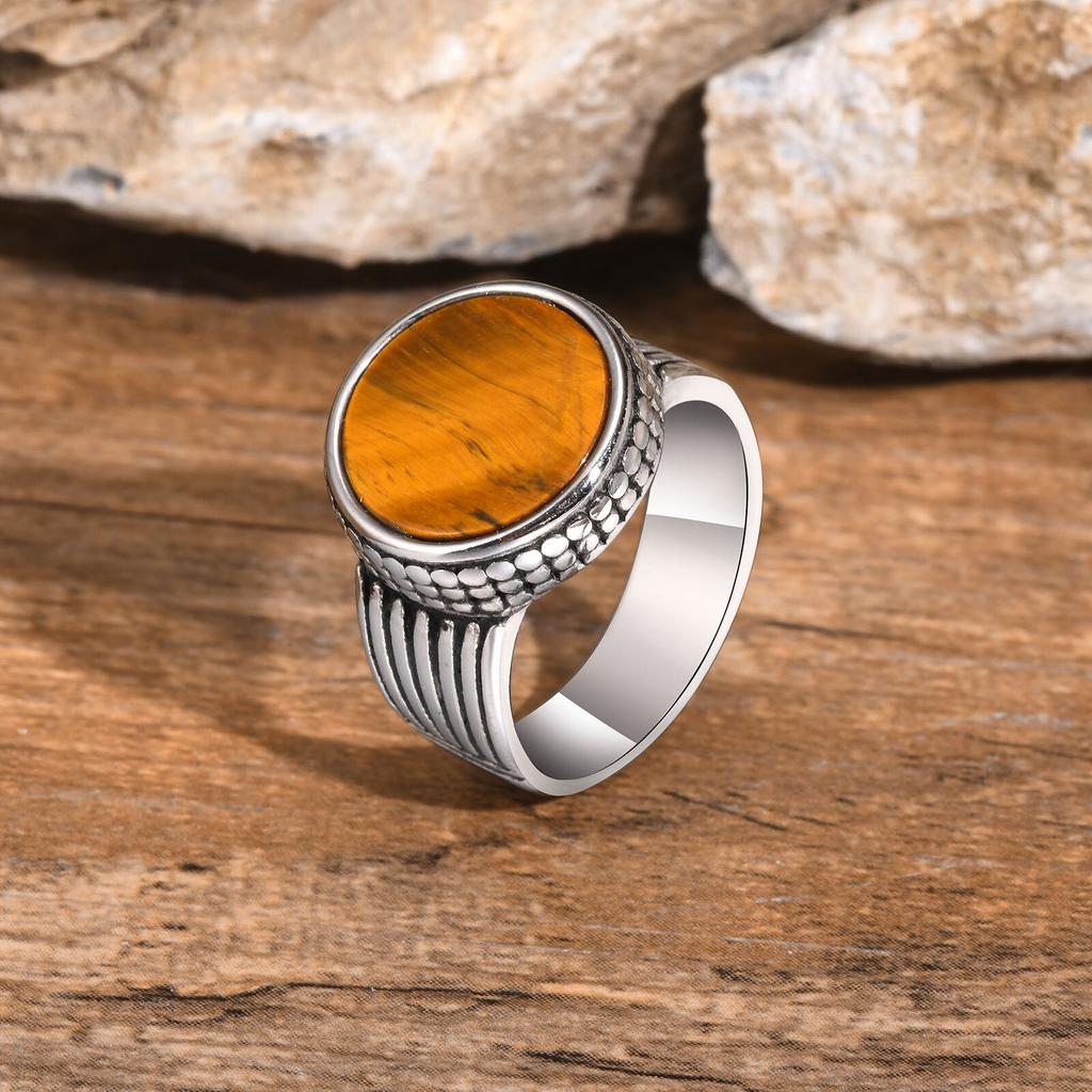 Tiger Eye Stone Round Top Finger Band for Men Boys Stainless Steel Signet Ring Chunky Male Punk Ring Jewelry