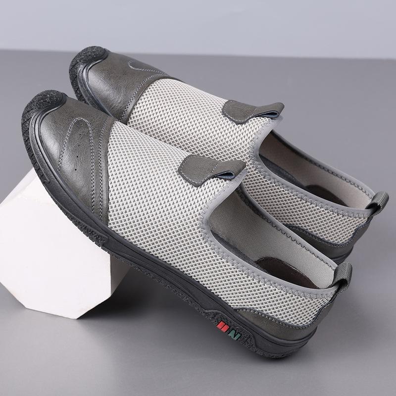 

Summer mesh breathable men s shoes comfortable soft sole one pedal men s casual flying knitting shoes leather shoes 38 серый