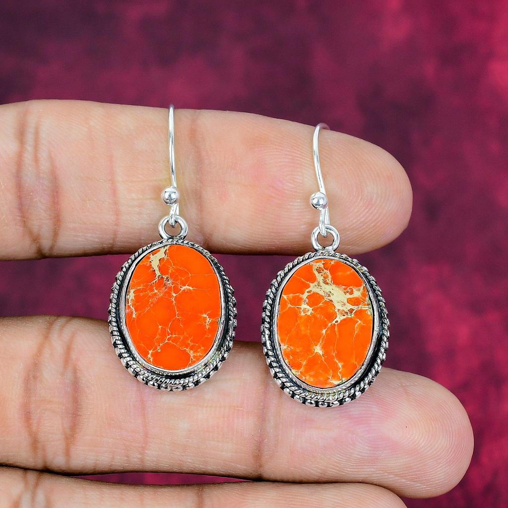 Orange Sea Sediment 925 Solid Sterling Silver Earrings, Handmade Gemstone Earrings Jewelry, Gifts For Wife Brand New Earrings
