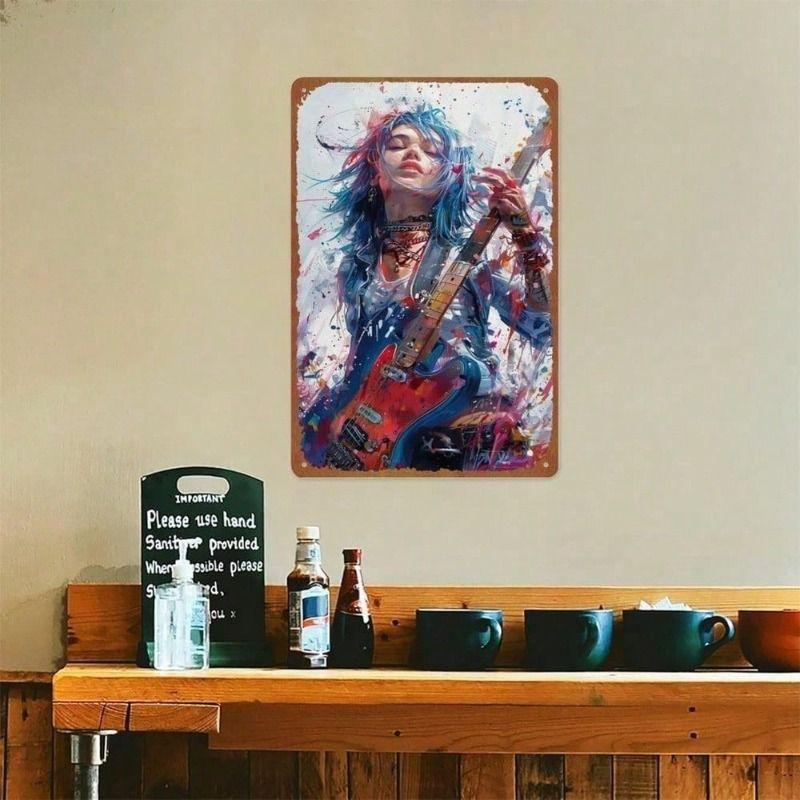 Vintage Rock and Roll Guitarist Metal Wall Art Sign for Bar