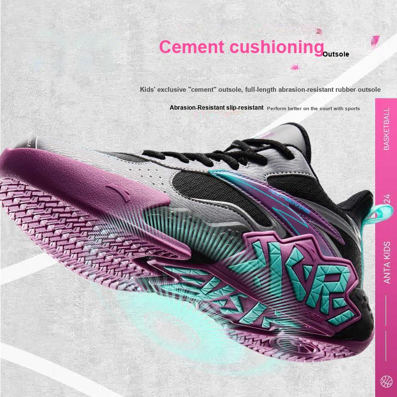 Anta Kids Cement Nemesis Professional Basketball Shoes Non-Slip Shock Absorbing Wear-Resistant Low-Top Kids Basketball Shoes Black Gray A12431101-2