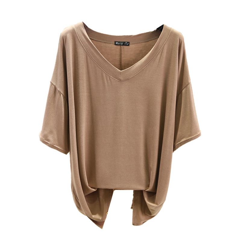 Koreanischer Stil Damen Übergröße V-Ausschnitt Sommer T-Shirt - Kurzarm, Schlankmachend, Vielseitiges Einfarbiges Modal-Top