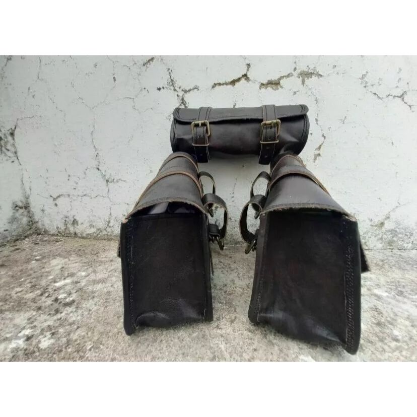 Combo Of Black Vintage Δερμάτινη τσάντα 3 σέλων για μοτοσικλέτα Panniers Πλαϊνή τσάντα εργαλείων