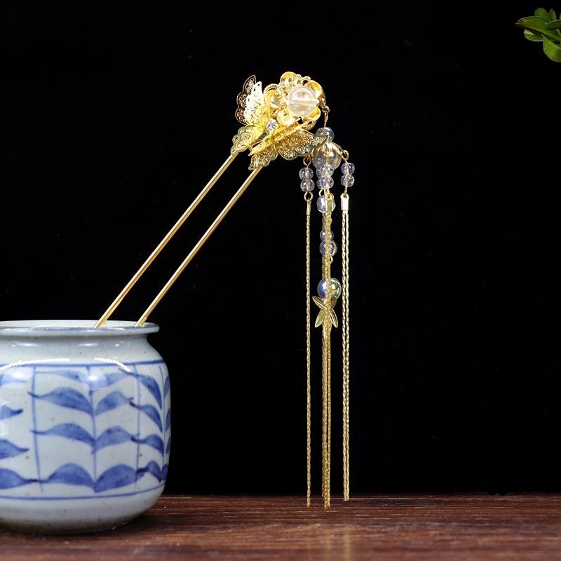 Handmade Retro Fairy Long Fringed Hairpin, Step Hairpin, Women's Ancient Costume Disc Hair Hairpin, Ancient Hanfu Headgear Accessories