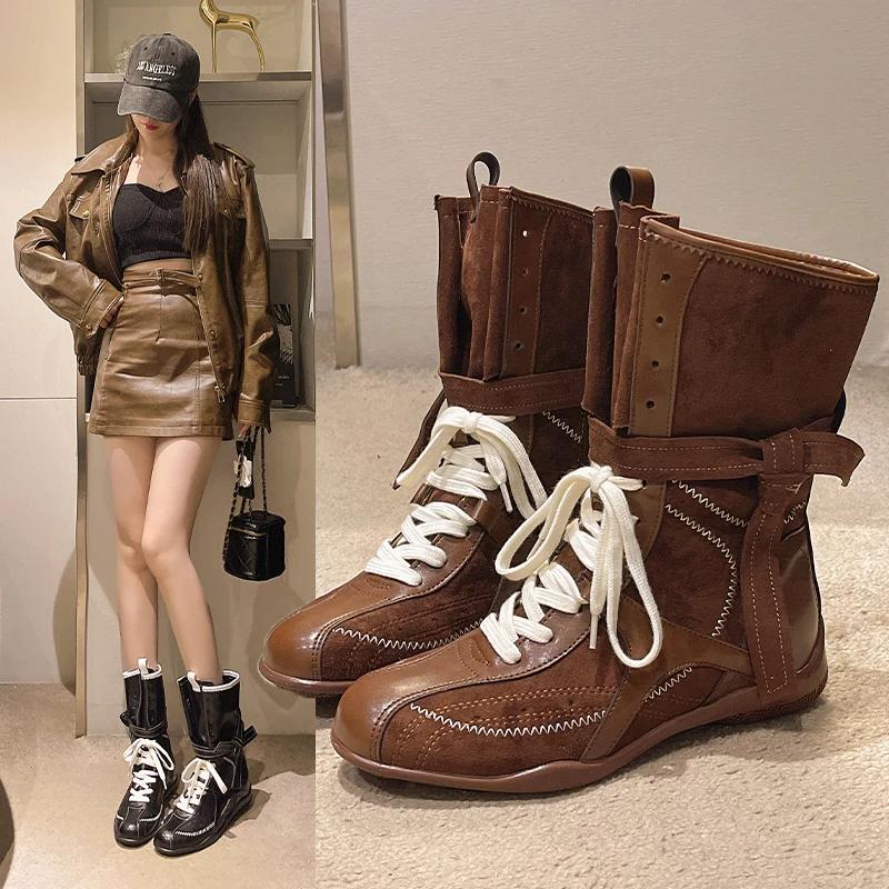 Fashion Luxury Vintage Booster Boots Women's Fall Autumn Winter Boxing Frosted Leather Lace-up Ankle Boots Zapatos De Mujer Hot Selling