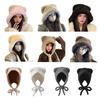 Women Hat Bear Shape Solid Color Winter Knitted Hat with Lace-up Cold Weather Thick Warm Plush Headwear