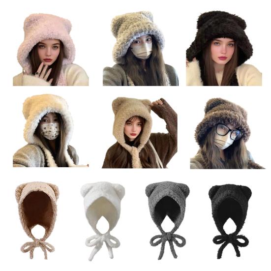 Women Hat Bear Shape Solid Color Winter Knitted Hat with Lace-up Cold Weather Thick Warm Plush Headwear