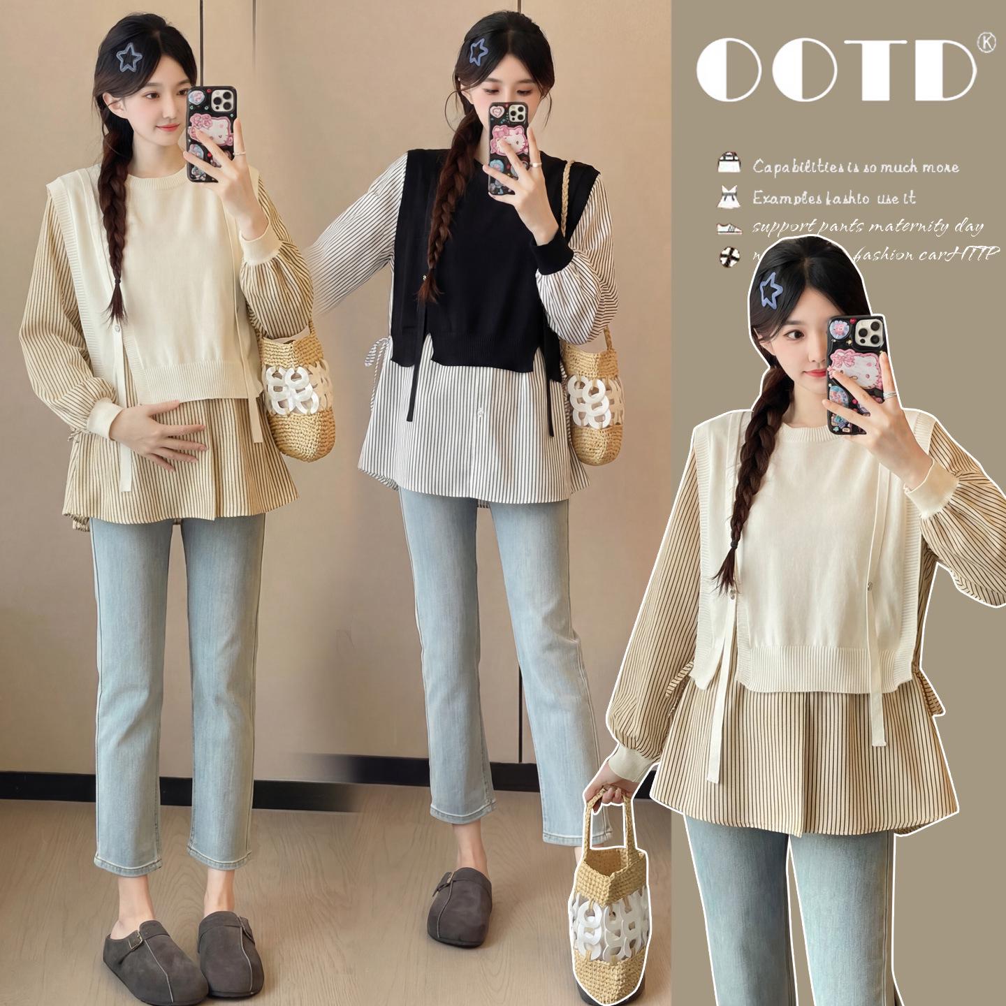 2026 Spring Korean Style Maternity Doll Shirt - Sweet Patchwork, Loose Fit, Belly-Covering Two-Piece Look L