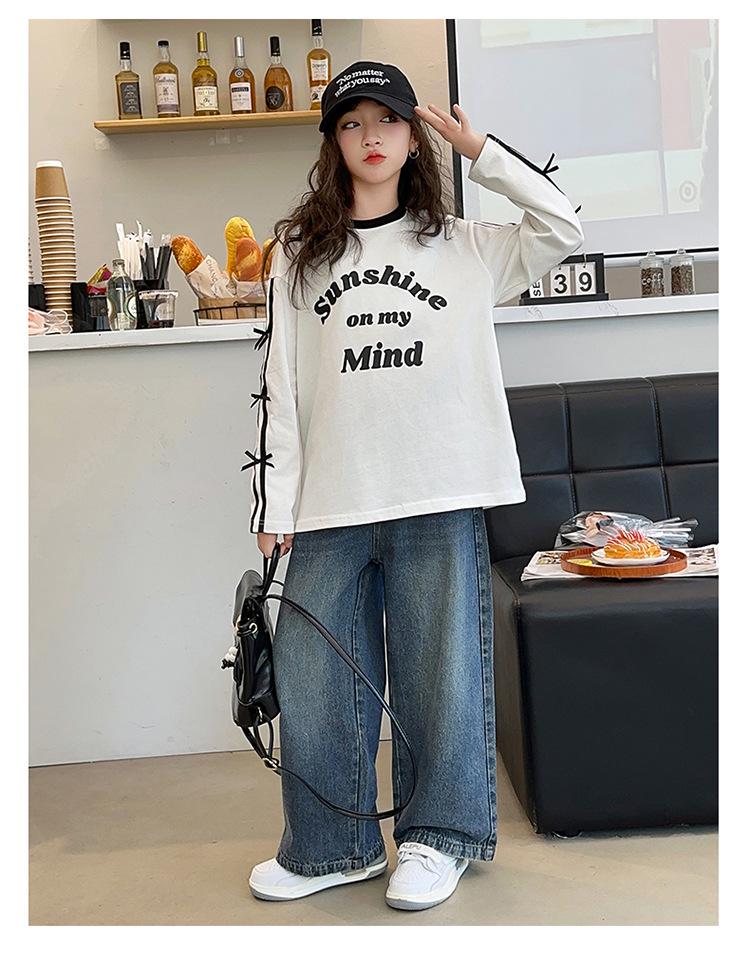 2025 Trendy Girls' Loose Long Sleeve Letter Stripe Top for Big Kids