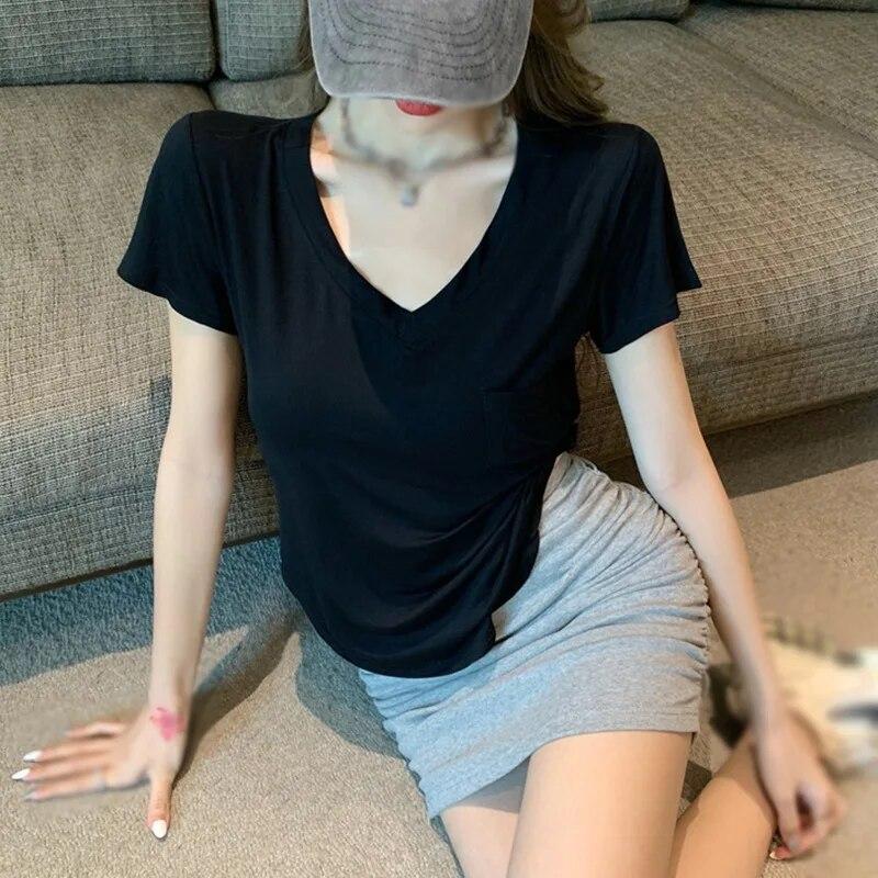 Women's V-neck Short Sleeve Women's Solid Color V-neck Top