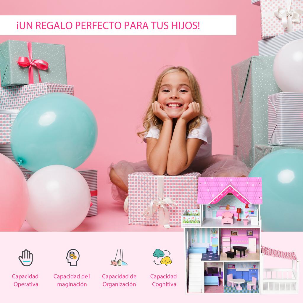 Dollhouse, Wooden 3-Story, Patio, 86 x 30 x 87 cm, 13-Piece Furniture Set, Pink