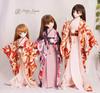Petite Marie Scale MDD DDP Compatible Formal Kimono Set Two Waist Fur Tabi Wave and Small Floral Pattern Red Japanese Kimono for 40cm BJD Dolls 1/3