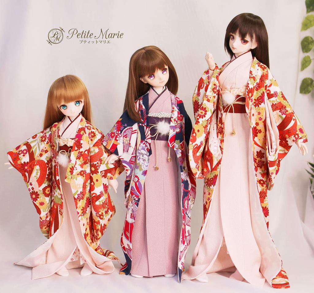 Petite Marie Scale MDD DDP Compatible Formal Kimono Set Two Waist Fur Tabi Wave and Small Floral Pattern Red Japanese Kimono for 40cm BJD Dolls 1/3