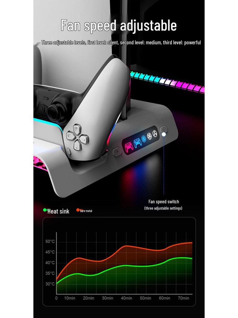 PS5 PRO/Slim RGB Cooling Station: Console Stand, Controller Charger, Disc Storage & Headset Rack