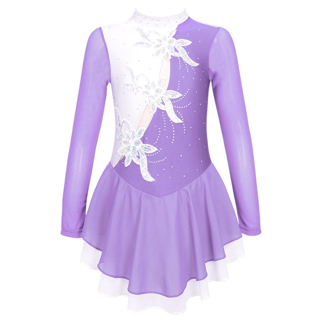 Vestido de patinaje sobre hielo de manga larga con diamantes brillantes para niña, traje de competición de leotardo con falda de gimnasia y danza de Ballet