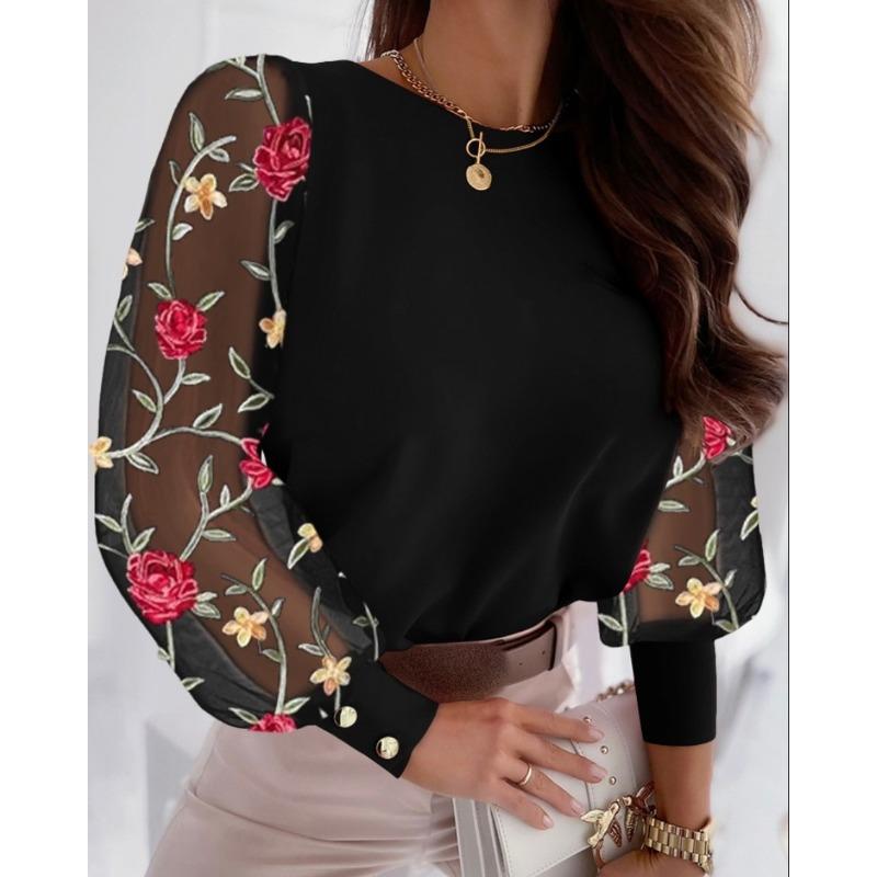 

Fashion Lace Floral Tops Blouses Women Long Sleeve Elegant O-neck Loose Shirt Blouse Casual Shirts Spring Summer Ladies Top XS чорний/червоний
