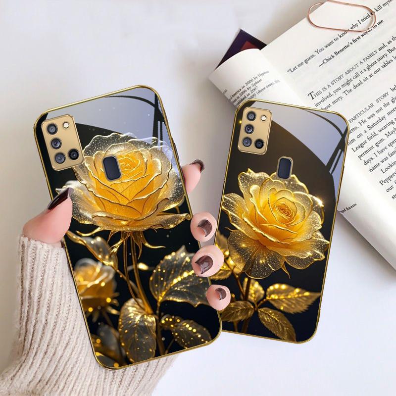 Elegant Golden Rose For Samsung A 31 32 A33 A34 35 14 A15 13 A16 25 26 50 52 53 54 55 56 70 71 72 73 Golden Glass Phone Case