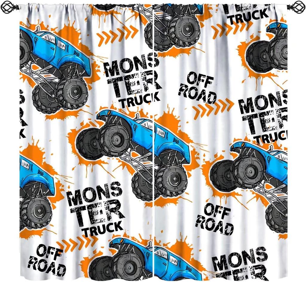 Monster Truck Curtains Boys Cartoon Red Blue Car Game Cool Racing Window Kids Bedroom Living Room Playroom Curtain For Sitting Made Of Polyester