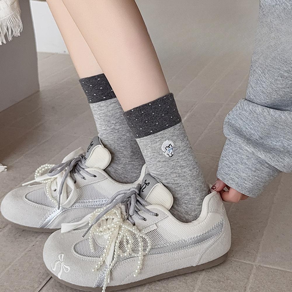 Female Embroidered Puppy Mid-calf Socks for Autumn and Winter, Sweet and Loose Postpartum Socks, Cartoon Socks